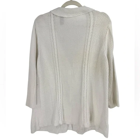 Heather B White Textured Cable Knit Button Front Cardigan 100% Cotton 3/4 Sleeve - Picture 5 of 6